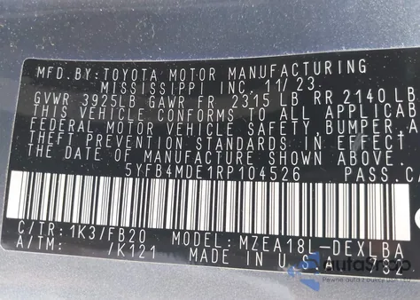 2024 Toyota Corolla Le z USA, uszkodzony, nr VIN 5YFB4MDE1RP104526